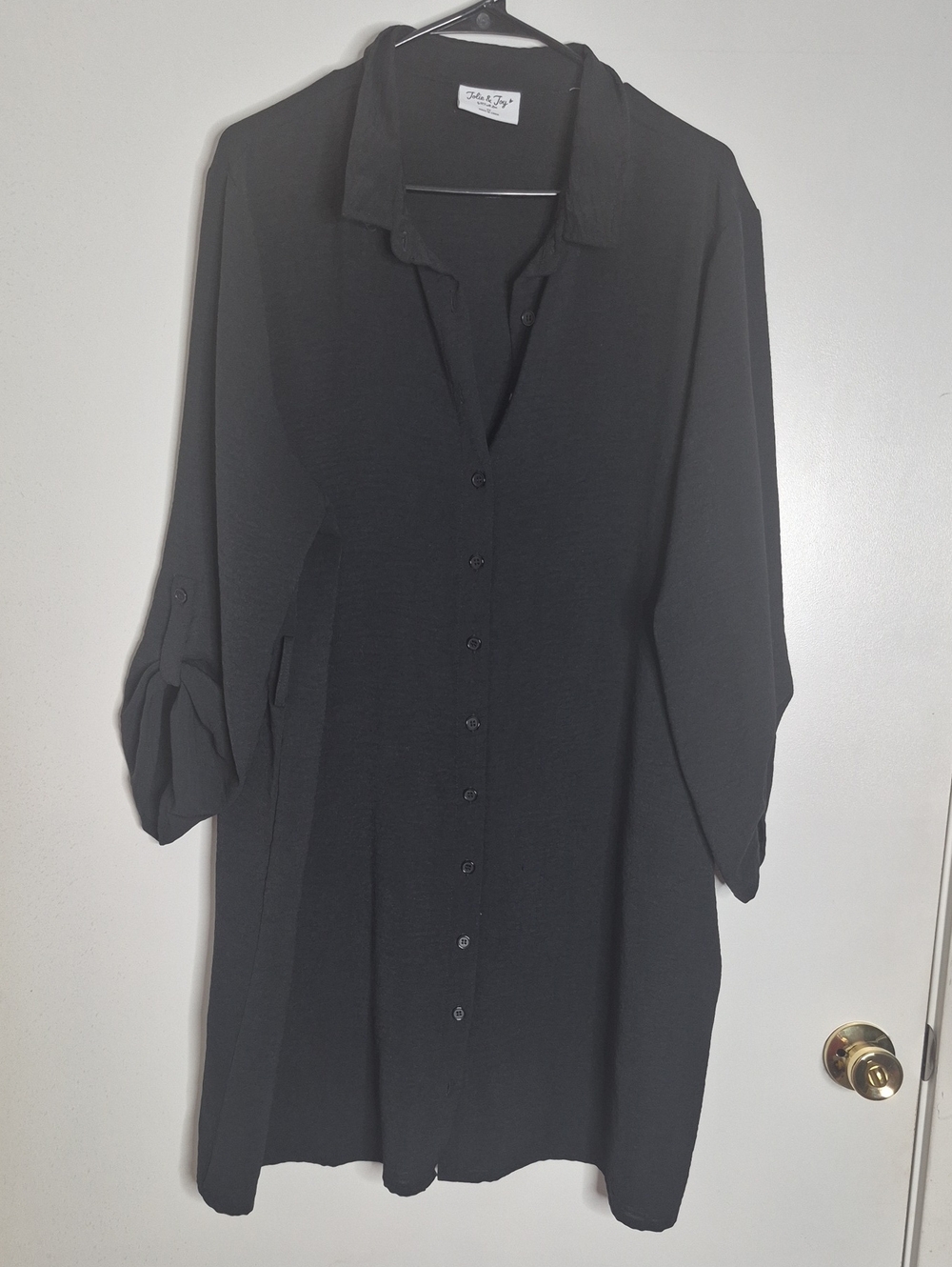 Black Button-Front Shirt Dress with Roll-Tab Sleeves
